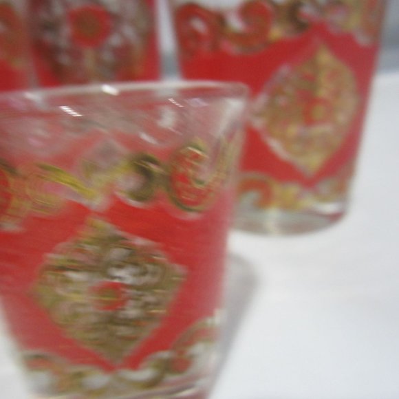 VTG SET OF 5 BAR GLASSES, ORNATE RED & GOLD DESIGN - Picture 5 of 6